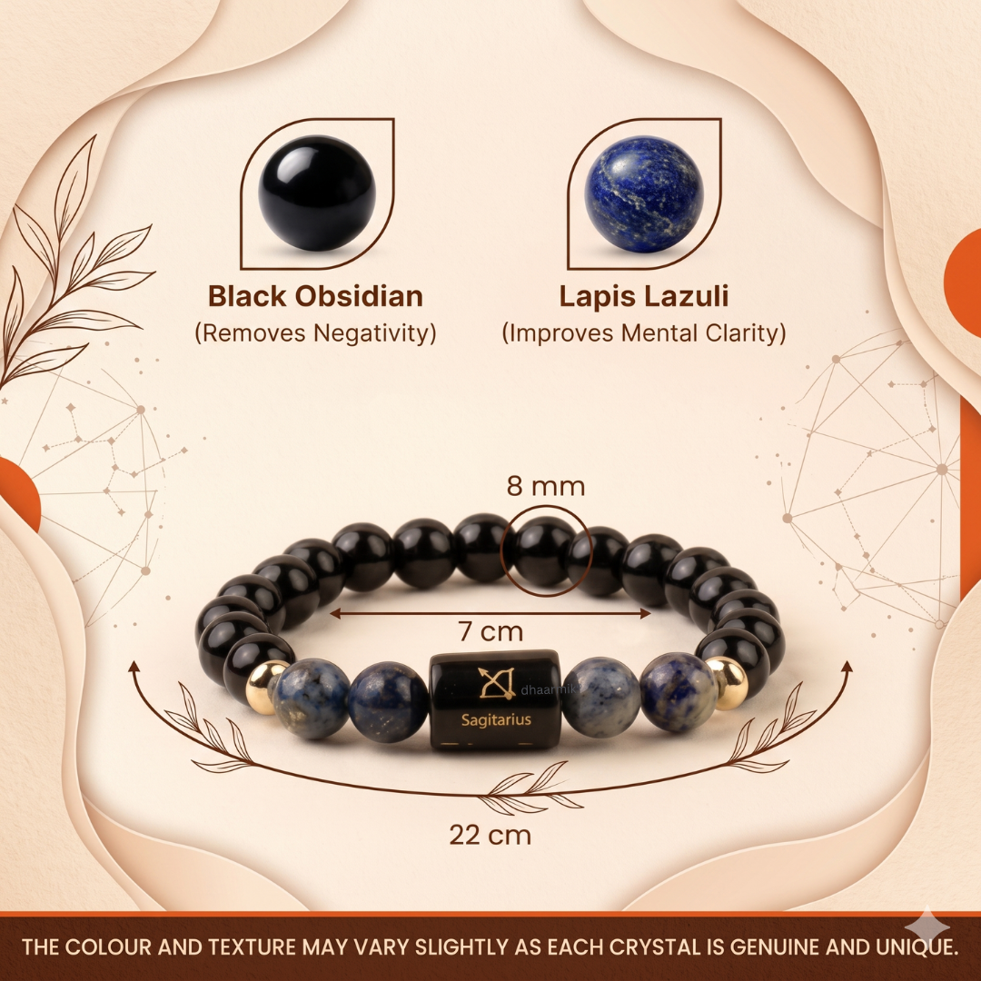 Sagittarius (धनु राशि) Zodiac Black Obsidian & Lapis Lazuli Bracelet || 𝟮𝟮 𝗡𝗼𝘃 – 𝟮𝟭 𝗗𝗲𝗰 ||