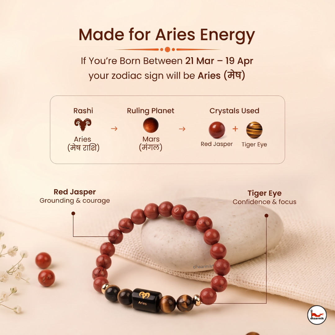 Aries (मेष राशि) Zodiac Red Jasper & Tiger Eye Bracelet || 𝟮𝟭 𝗠𝗮𝗿𝗰𝗵 – 𝟭𝟵 𝗔𝗽𝗿𝗶𝗹 ||
