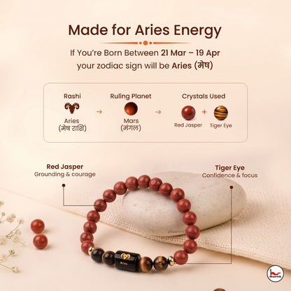 Aries (मेष राशि) Zodiac Red Jasper & Tiger Eye Bracelet || 𝟮𝟭 𝗠𝗮𝗿𝗰𝗵 – 𝟭𝟵 𝗔𝗽𝗿𝗶𝗹 ||