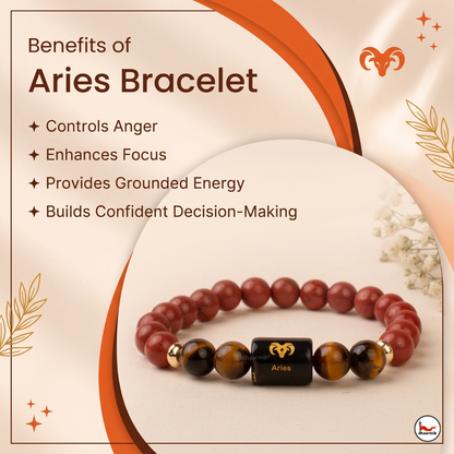 Aries (मेष राशि) Zodiac Red Jasper & Tiger Eye Bracelet || 𝟮𝟭 𝗠𝗮𝗿𝗰𝗵 – 𝟭𝟵 𝗔𝗽𝗿𝗶𝗹 ||