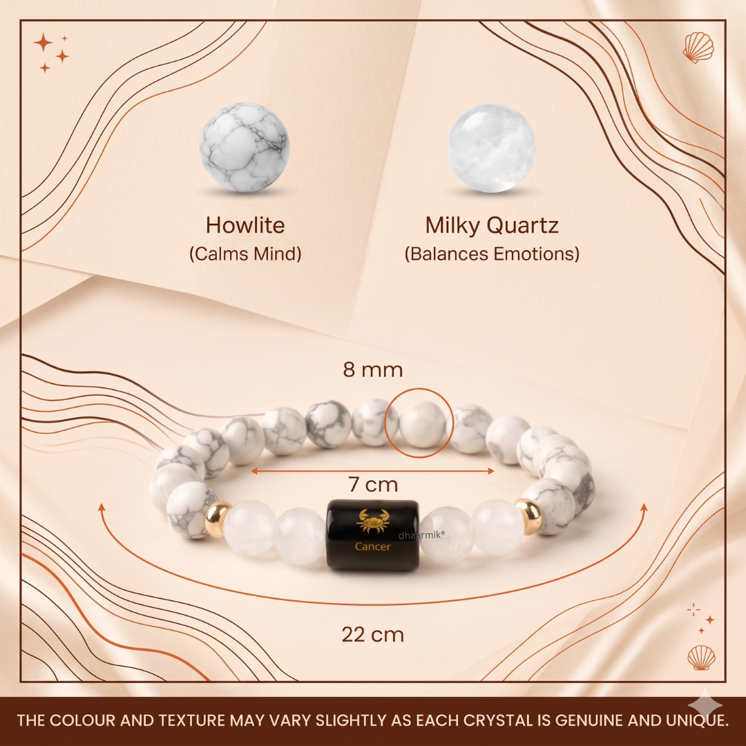 Cancer (कर्क राशि) Zodiac Howlite & Milky Quartz Bracelet || 𝟮𝟭 𝗝𝘂𝗻 – 𝟮𝟮 𝗝𝘂𝗹 ||