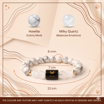 Cancer (कर्क राशि) Zodiac Howlite & Milky Quartz Bracelet || 𝟮𝟭 𝗝𝘂𝗻 – 𝟮𝟮 𝗝𝘂𝗹 ||