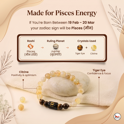 Pisces (मीन राशि) Zodiac Citrine & Tiger Eye Bracelet || 𝟭𝟵 𝗙𝗲𝗯 – 𝟮𝟬 𝗠𝗮𝗿 ||