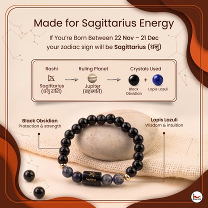 Sagittarius (धनु राशि) Zodiac Black Obsidian & Lapis Lazuli Bracelet || 𝟮𝟮 𝗡𝗼𝘃 – 𝟮𝟭 𝗗𝗲𝗰 ||