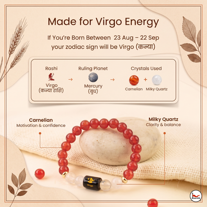 Virgo (कन्या राशि) Zodiac Carnelian & Milky Quartz Bracelet || 𝟮𝟯 𝗔𝘂𝗴 – 𝟮𝟮 𝗦𝗲𝗽 ||