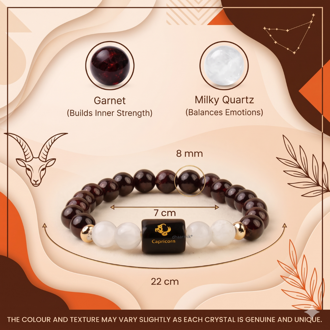 Capricorn (मकर राशि) Zodiac Garnet & Milky Quartz Bracelet || 𝟮𝟮 𝗗𝗲𝗰 – 𝟭𝟵 𝗝𝗮𝗻 ||