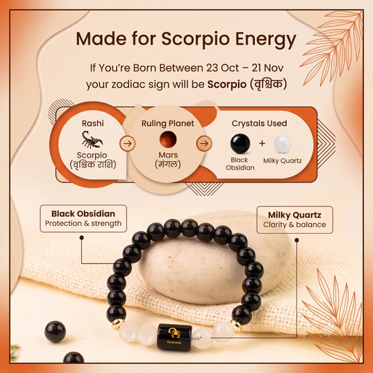 Scorpio (वृश्चिक राशि) Zodiac Black Obsidian & Milky Quartz Bracelet || 𝟮𝟯 𝗢𝗰𝘁 – 𝟮𝟭 𝗡𝗼𝘃 ||