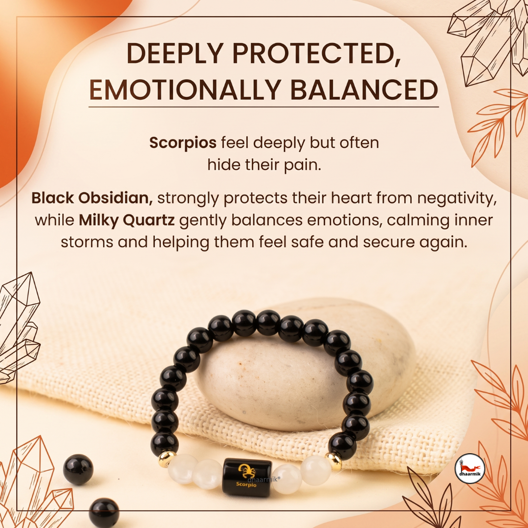 Scorpio (वृश्चिक राशि) Zodiac Black Obsidian & Milky Quartz Bracelet || 𝟮𝟯 𝗢𝗰𝘁 – 𝟮𝟭 𝗡𝗼𝘃 ||