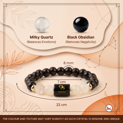 Scorpio (वृश्चिक राशि) Zodiac Black Obsidian & Milky Quartz Bracelet || 𝟮𝟯 𝗢𝗰𝘁 – 𝟮𝟭 𝗡𝗼𝘃 ||