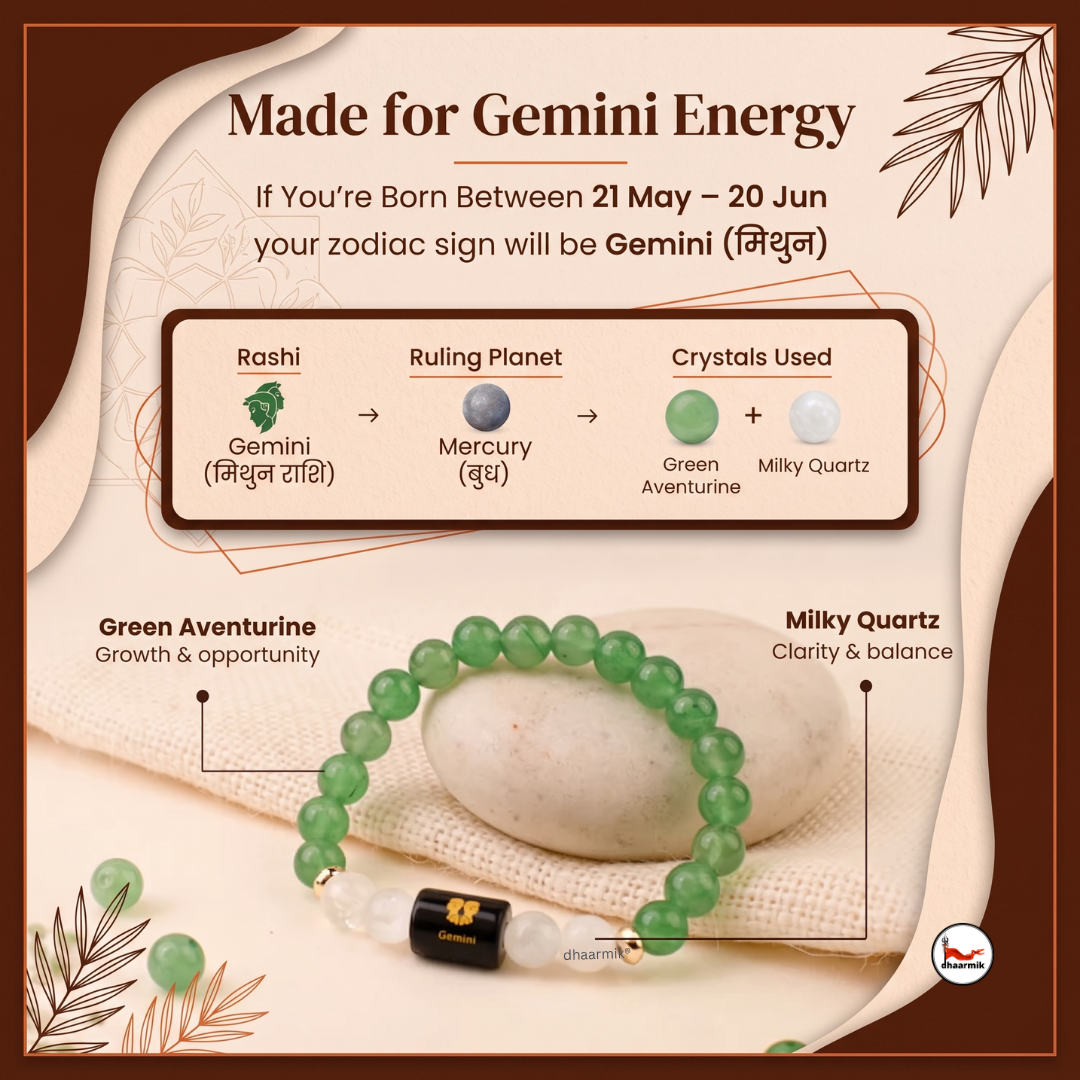 Gemini (मिथुन राशि) Zodiac Green Aventurine & Milky Quartz Bracelet || 𝟮𝟭 𝗠𝗮𝘆 – 𝟮𝟬 𝗝𝘂𝗻 ||