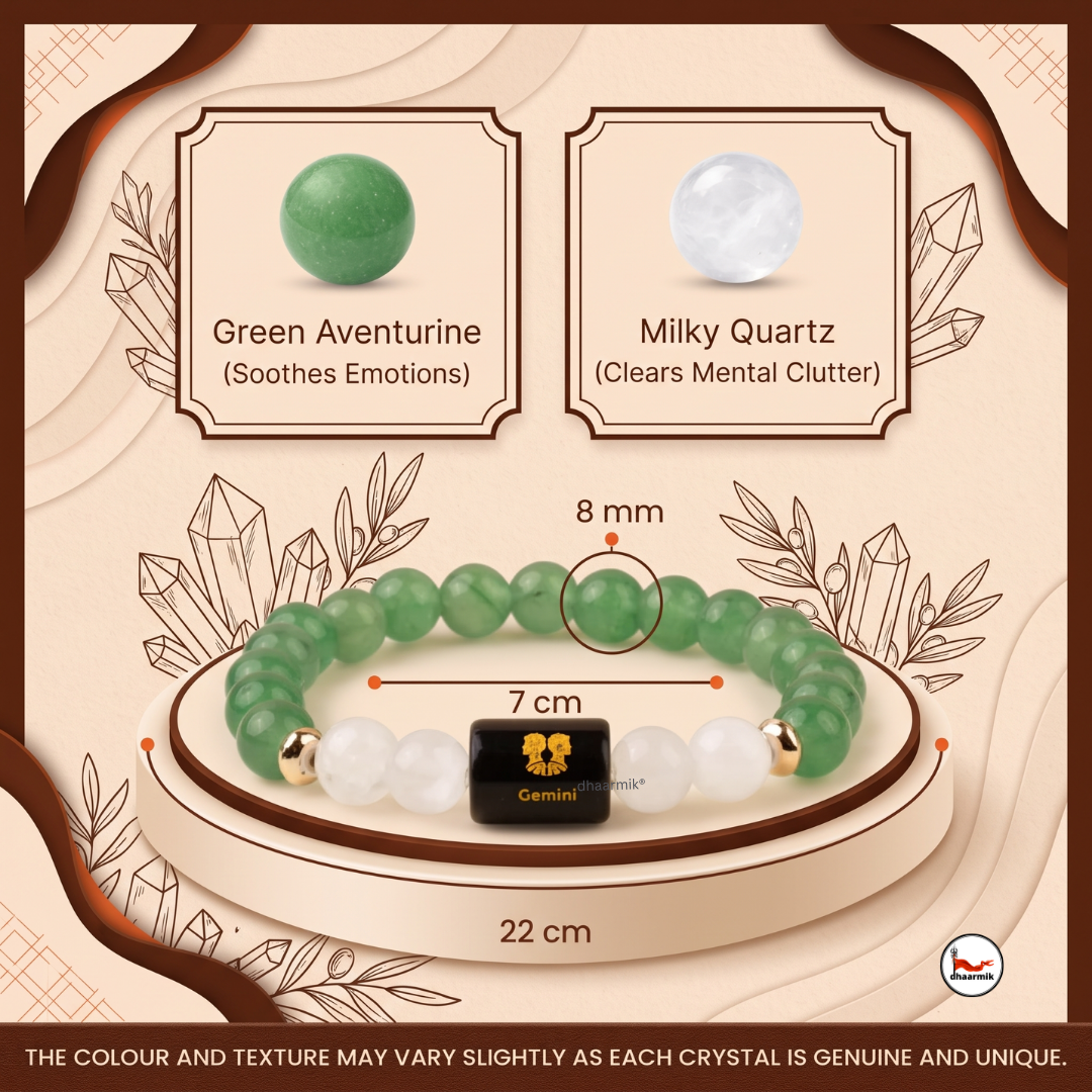 Gemini (मिथुन राशि) Zodiac Green Aventurine & Milky Quartz Bracelet || 𝟮𝟭 𝗠𝗮𝘆 – 𝟮𝟬 𝗝𝘂𝗻 ||