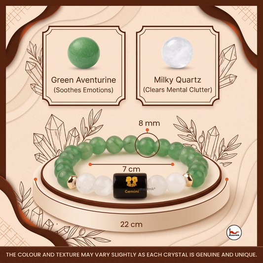 Gemini (मिथुन राशि) Zodiac Green Aventurine & Milky Quartz Bracelet || 𝟮𝟭 𝗠𝗮𝘆 – 𝟮𝟬 𝗝𝘂𝗻 ||