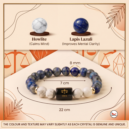 Libra (तुला राशि) Zodiac Lapis Lazuli & Howlite Bracelet || 𝟮𝟯 𝗦𝗲𝗽 – 𝟮𝟮 𝗢𝗰𝘁 ||