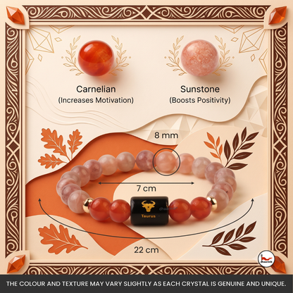 Taurus (वृषभ राशि) Zodiac Sunstone & Carnelian Bracelet || 𝟮𝟬 𝗔𝗽𝗿 – 𝟮𝟬 𝗠𝗮𝘆 ||