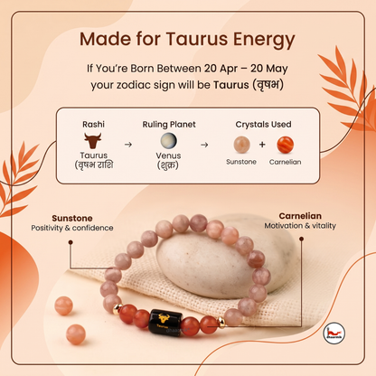 Taurus (वृषभ राशि) Zodiac Sunstone & Carnelian Bracelet || 𝟮𝟬 𝗔𝗽𝗿 – 𝟮𝟬 𝗠𝗮𝘆 ||