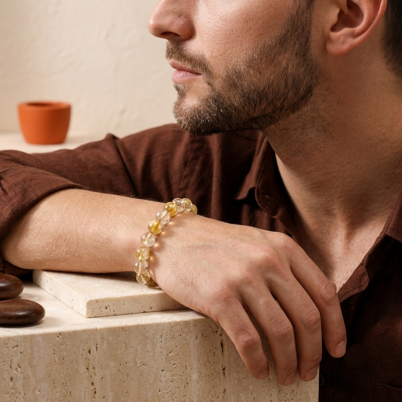 A man in a brown shirt resting his arm on a stone ledge, wearing a beaded bracelet made of translucent yellow and amber-colored stones.