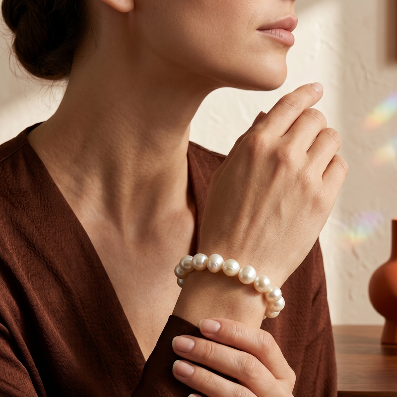 A close-up lifestyle shot of a woman wearing a classic pearl beaded bracelet on her wrist, dressed in a brown V-neck top against a warm, softly lit background with a terracotta vase on a wooden table.
