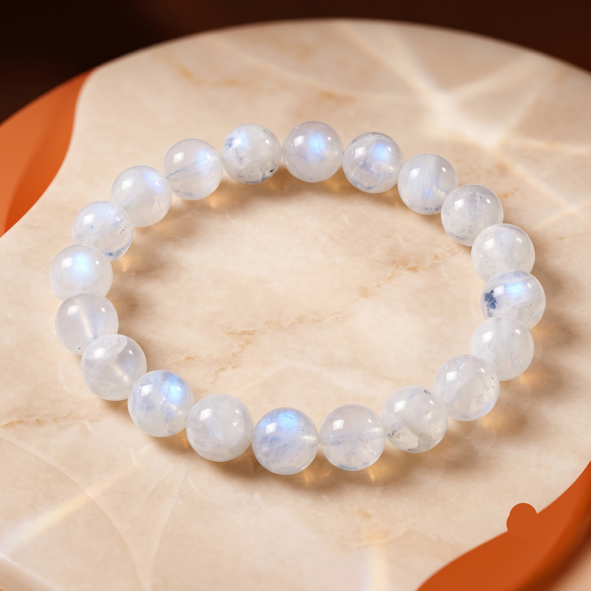 A beaded stretch bracelet made of smooth, translucent white beads with a soft blue iridescent sheen, resting on a beige marbled surface.