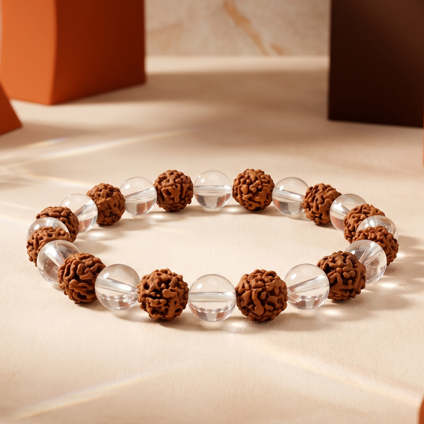 A beaded bracelet featuring brown rudraksha beads and clear glass sphere beads, displayed on a beige fabric surface with warm, modern geometric background props.