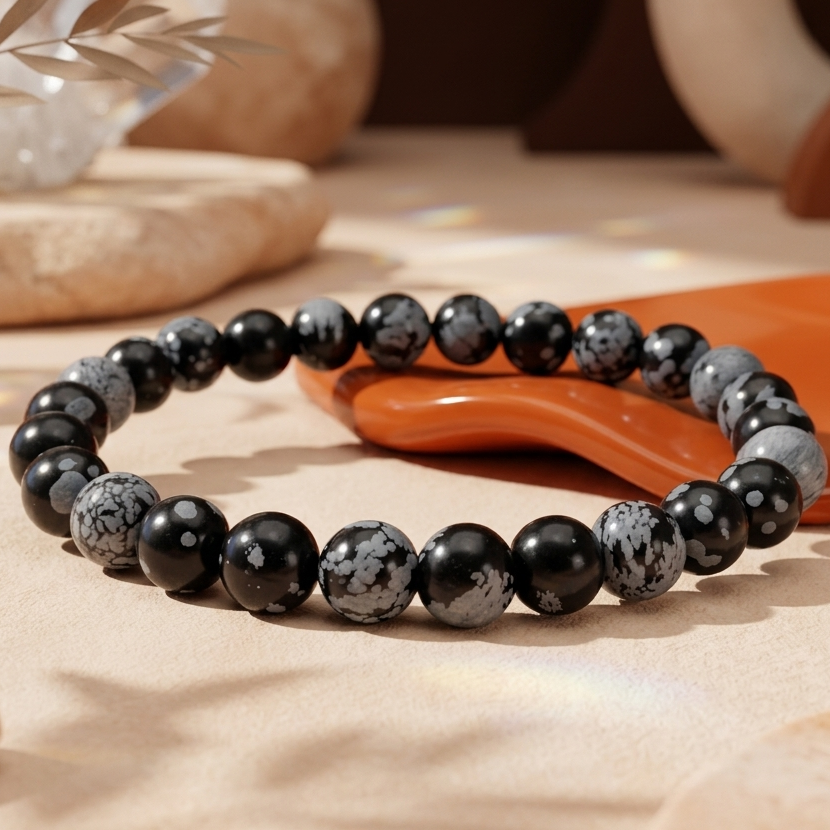 A beaded stretch bracelet made of polished black and gray marbled beads, displayed on a warm beige surface with a glossy orange ceramic dish and soft-focus decorative props in the background.