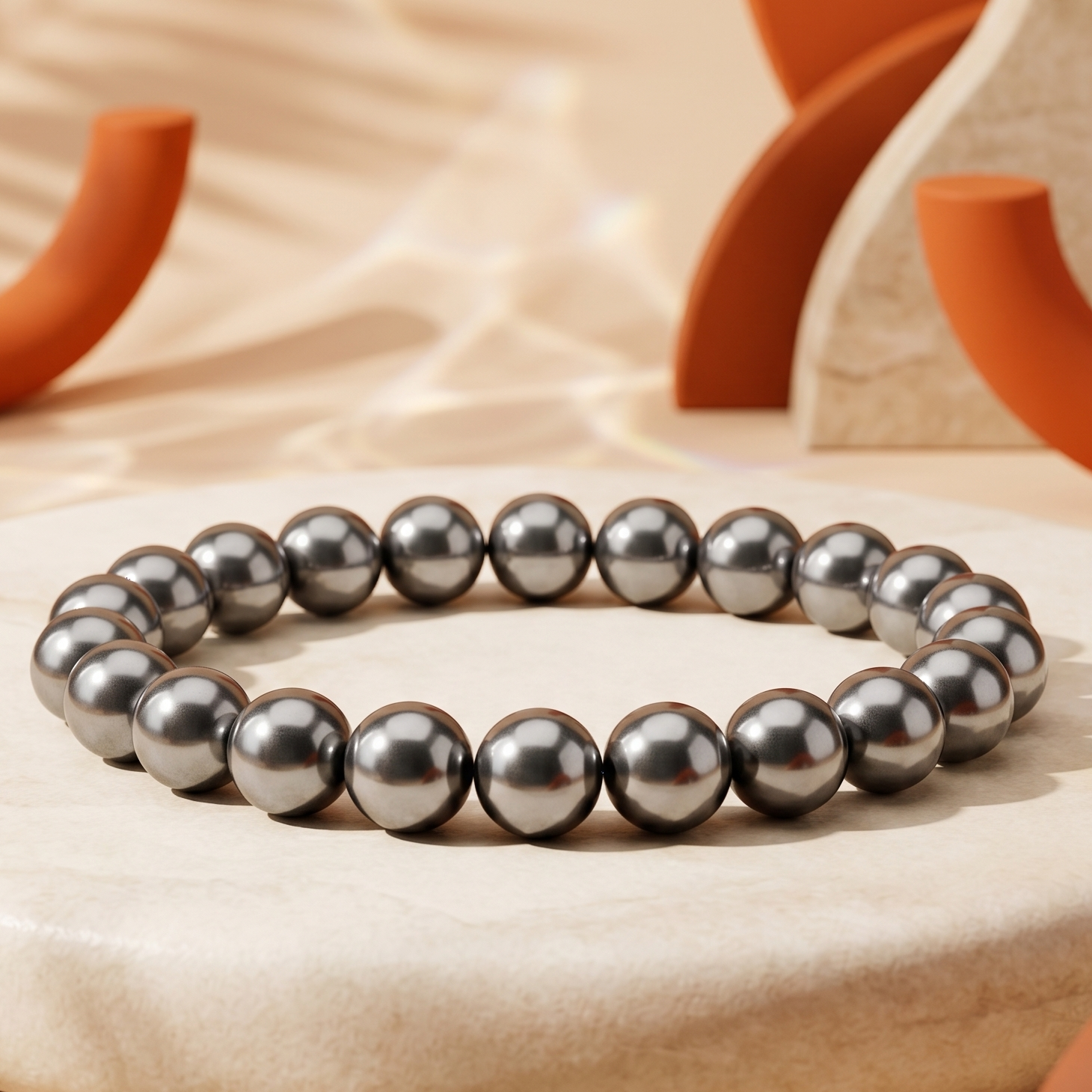 A beaded bracelet made of dark gray metallic beads, displayed on a round beige stone pedestal with warm, sunlit background props.